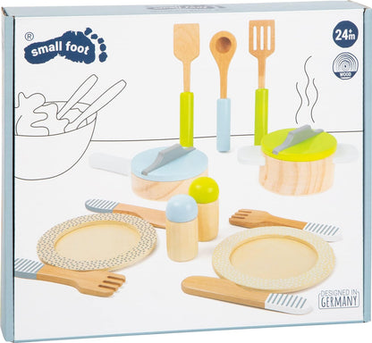 small foot wooden toys- Premium 15 Piece Kitchen Playset- Cooking and Dining Set Includes Pots, Plates and Utensils- Ideal for Toddlers 2+, Multi, (11098