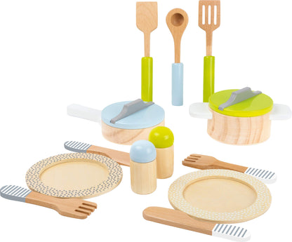 small foot wooden toys- Premium 15 Piece Kitchen Playset- Cooking and Dining Set Includes Pots, Plates and Utensils- Ideal for Toddlers 2+, Multi, (11098