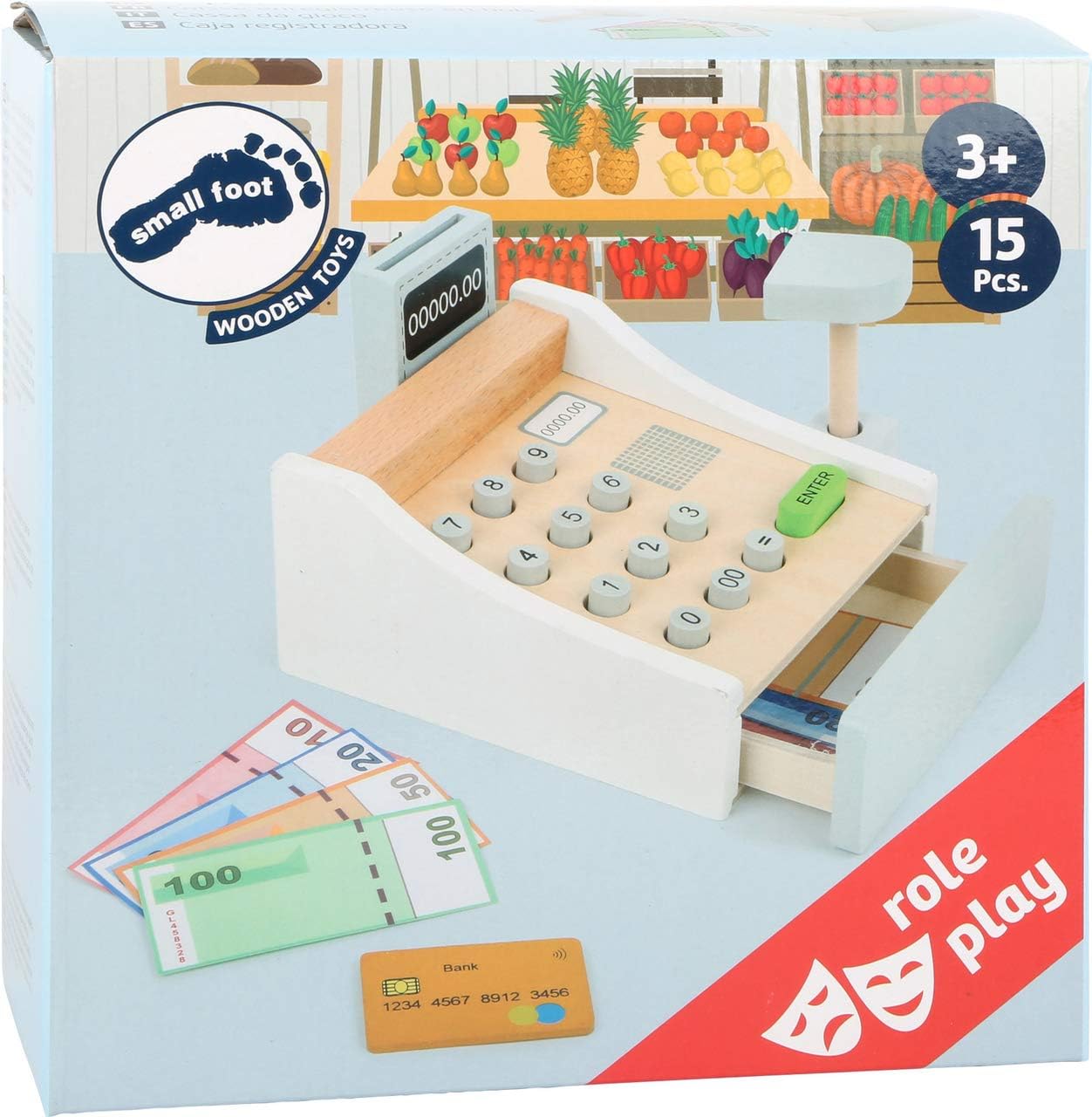 Small Foot 11099 Wooden Register, incl. Scanner, Reader, Play Credit Cards, Trains The handling of and Prices, Authentic Shopping Fun for Young and Old from 3 Years Upwards Toy, Multicolour