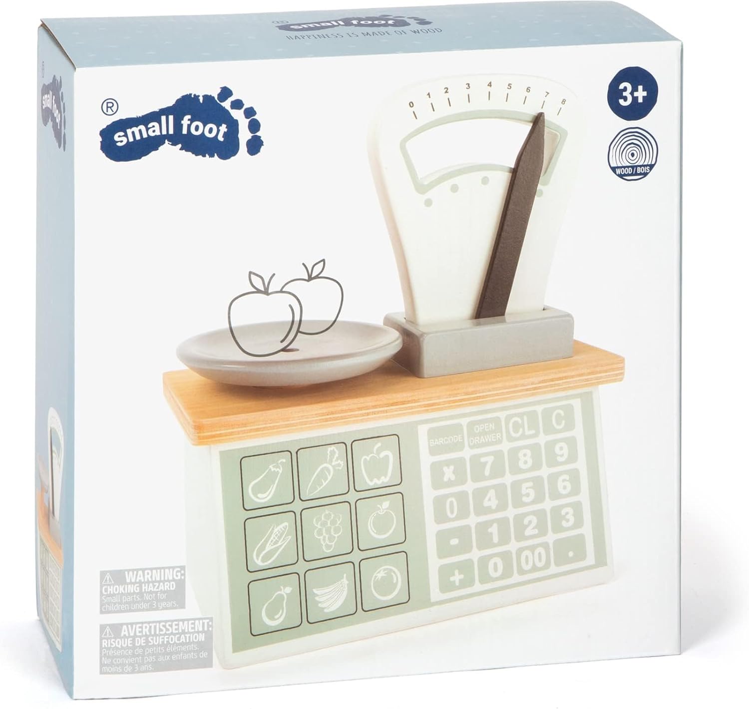 Small Foot 11201 Wooden Scale with weighing pan and movable pointer, teaches numbers and weights, for play stores