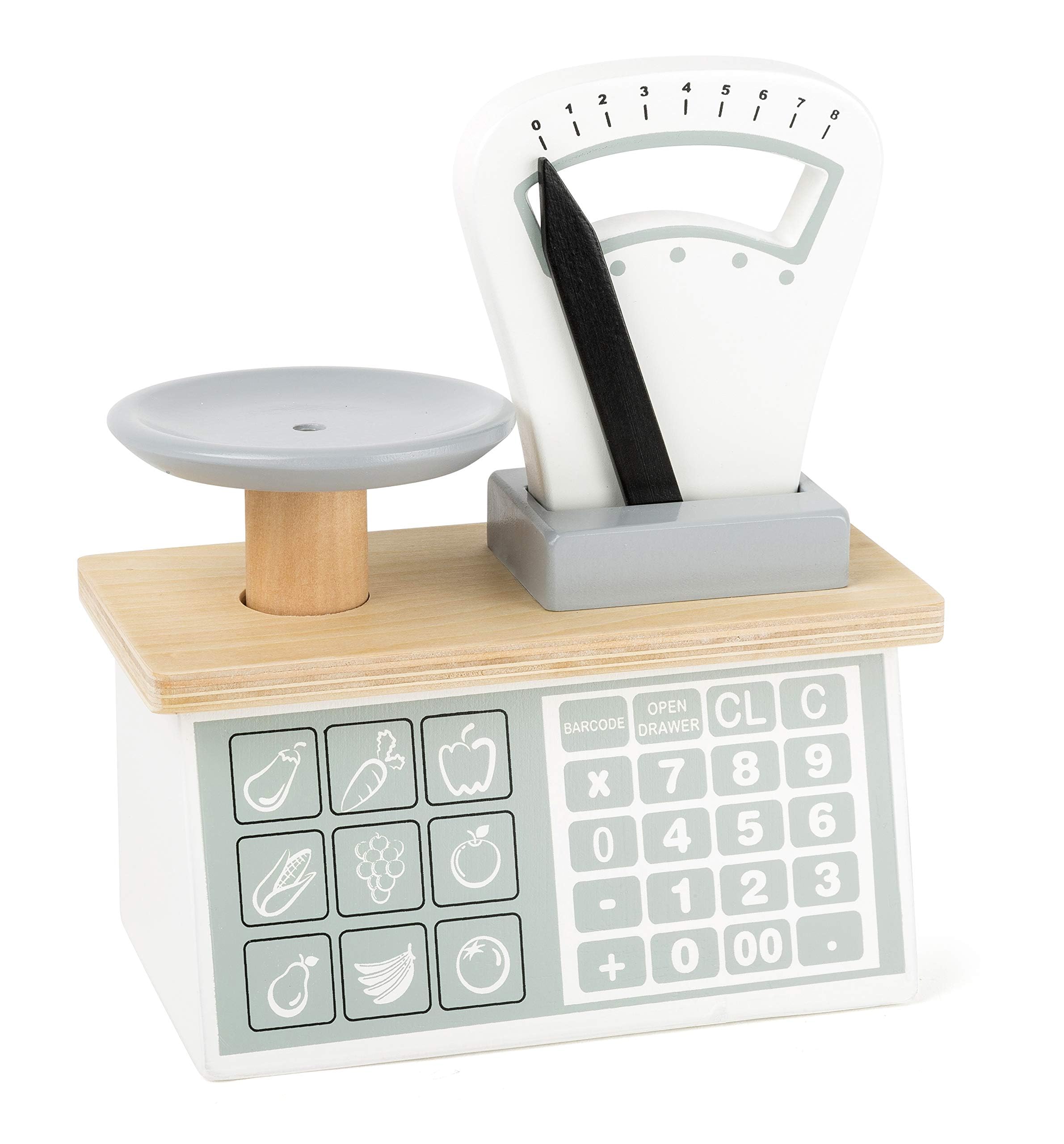 Small Foot 11201 Wooden Scale with weighing pan and movable pointer, teaches numbers and weights, for play stores