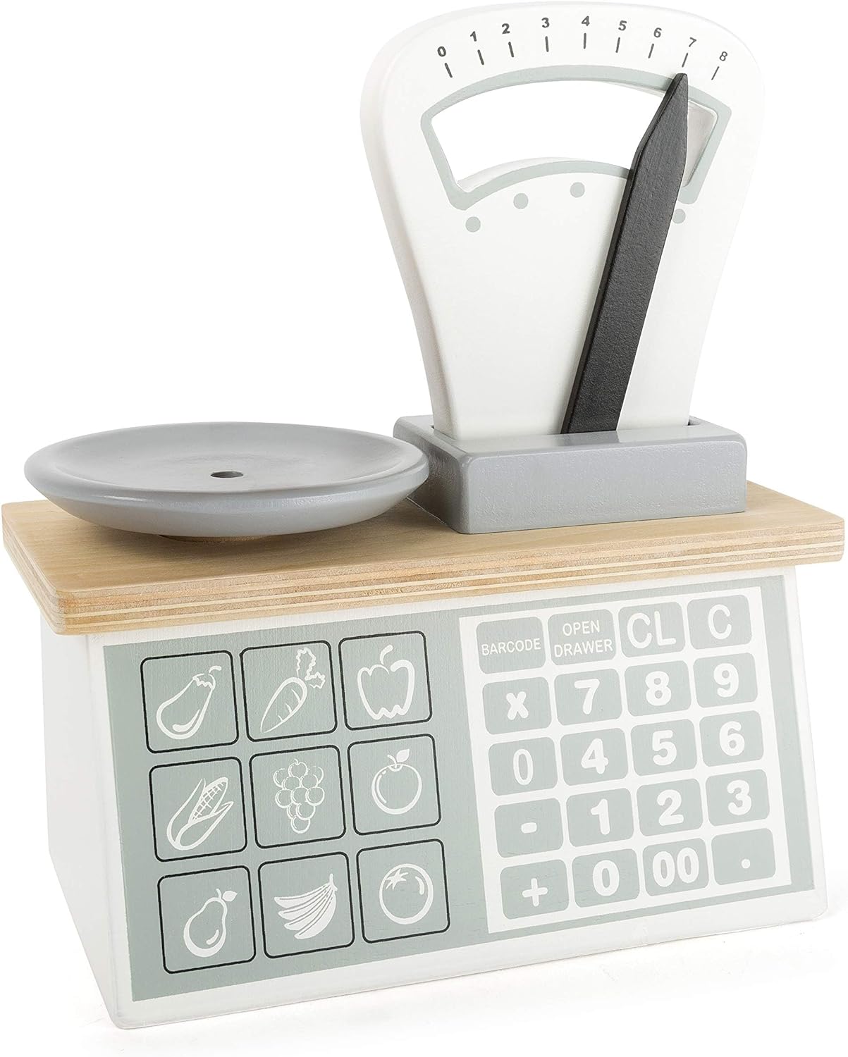 Small Foot 11201 Wooden Scale with weighing pan and movable pointer, teaches numbers and weights, for play stores