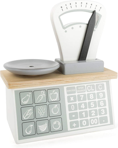 Small Foot 11201 Wooden Scale with weighing pan and movable pointer, teaches numbers and weights, for play stores