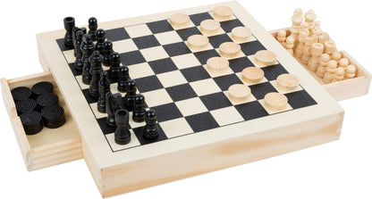 Small Foot 11208 3 in 1 Chess, Checkers & merels, Design Made of Wood, Classic Set with 56 Game Pieces, Ideal to take Away, for Children 6 Years and Upwards Toy, Multicolour