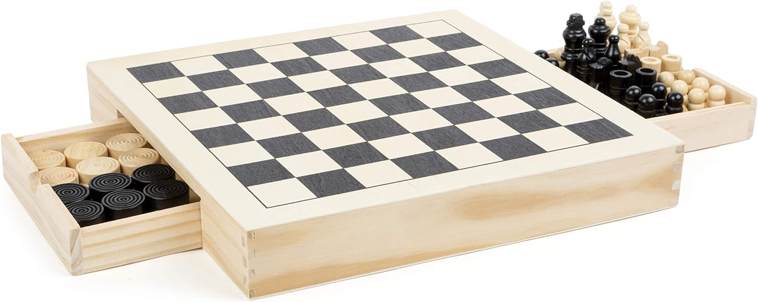 Small Foot 11208 3 in 1 Chess, Checkers & merels, Design Made of Wood, Classic Set with 56 Game Pieces, Ideal to take Away, for Children 6 Years and Upwards Toy, Multicolour