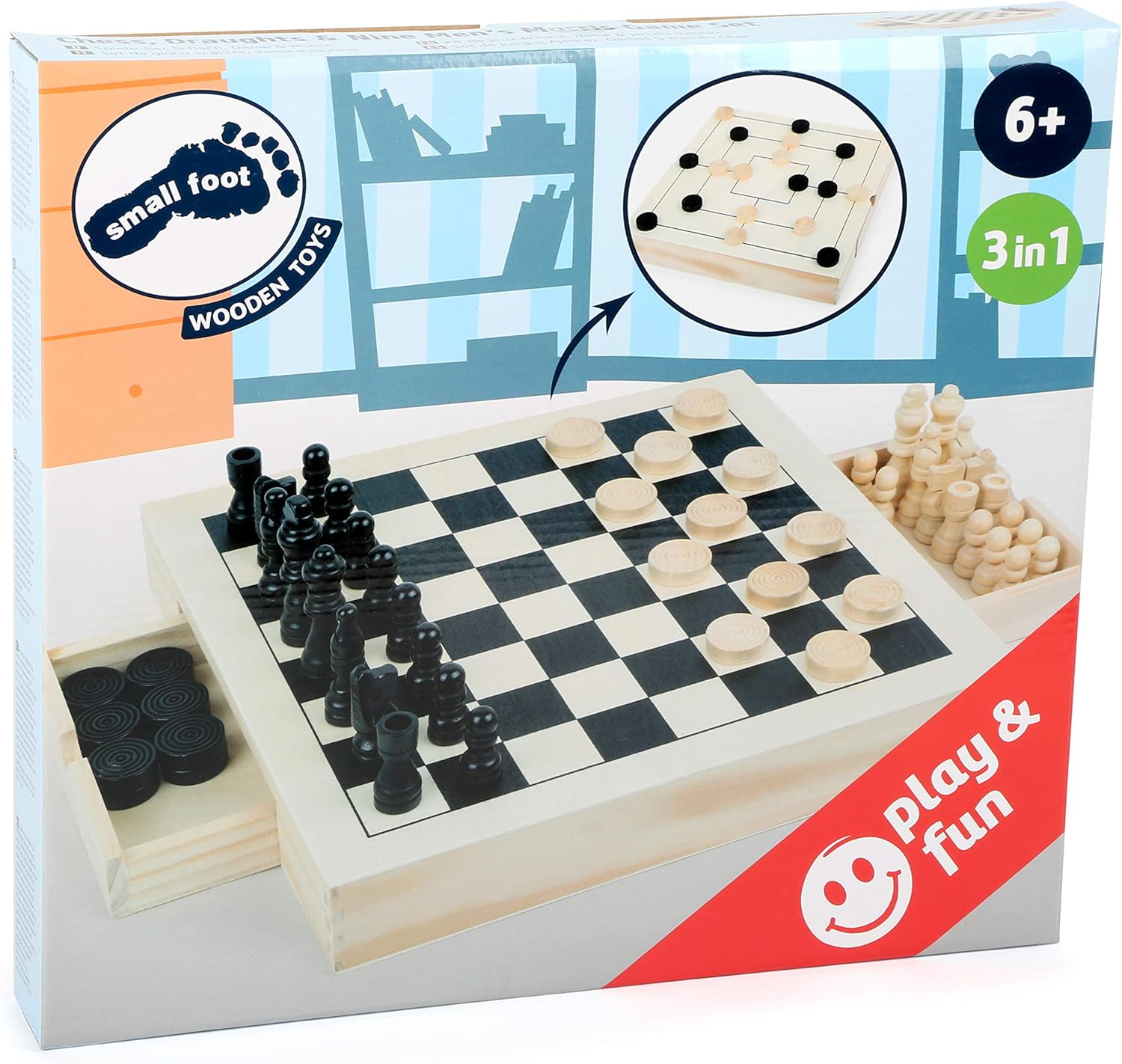Small Foot 11208 3 in 1 Chess, Checkers & merels, Design Made of Wood, Classic Set with 56 Game Pieces, Ideal to take Away, for Children 6 Years and Upwards Toy, Multicolour