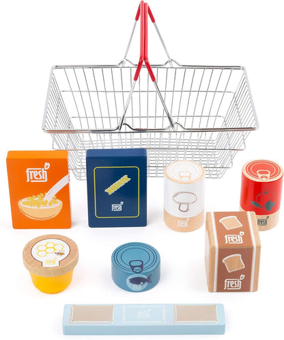 Small Foot 11443 Groceries Shopping Basket Fresh Made of Wood, Set as Accessory for Children's Kitchens and Play Stores Toys, Multicolored