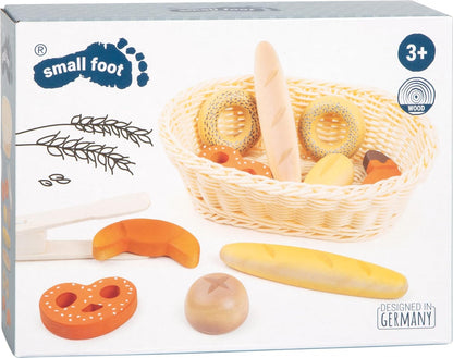 Small Foot 11444 Breadbasket Set Fresh, Made of Wood, with Baked Goods Tongs, Accessory for Children's Kitchens and Play Stores Toys, Multicolored