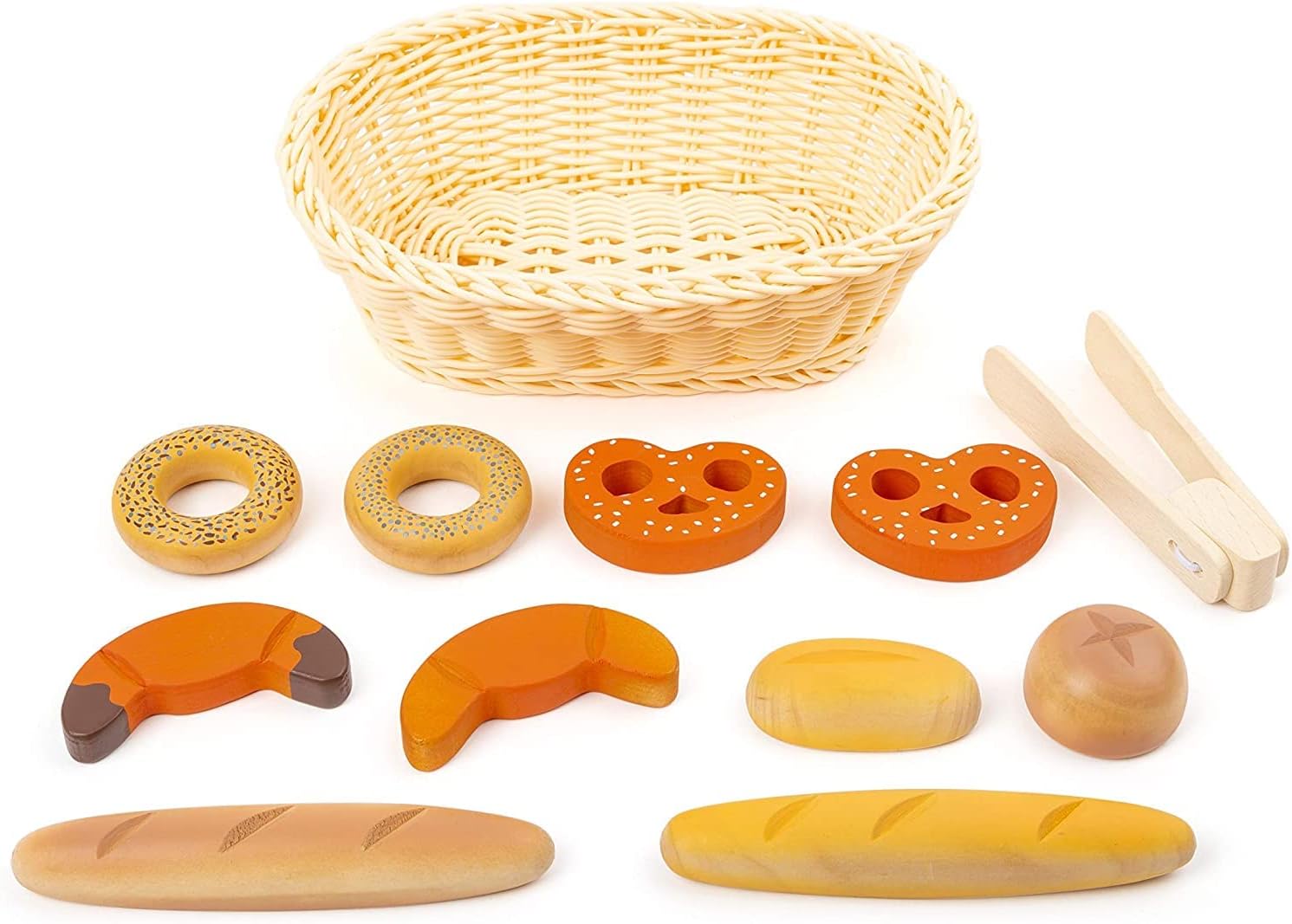 Small Foot 11444 Breadbasket Set Fresh, Made of Wood, with Baked Goods Tongs, Accessory for Children's Kitchens and Play Stores Toys, Multicolored