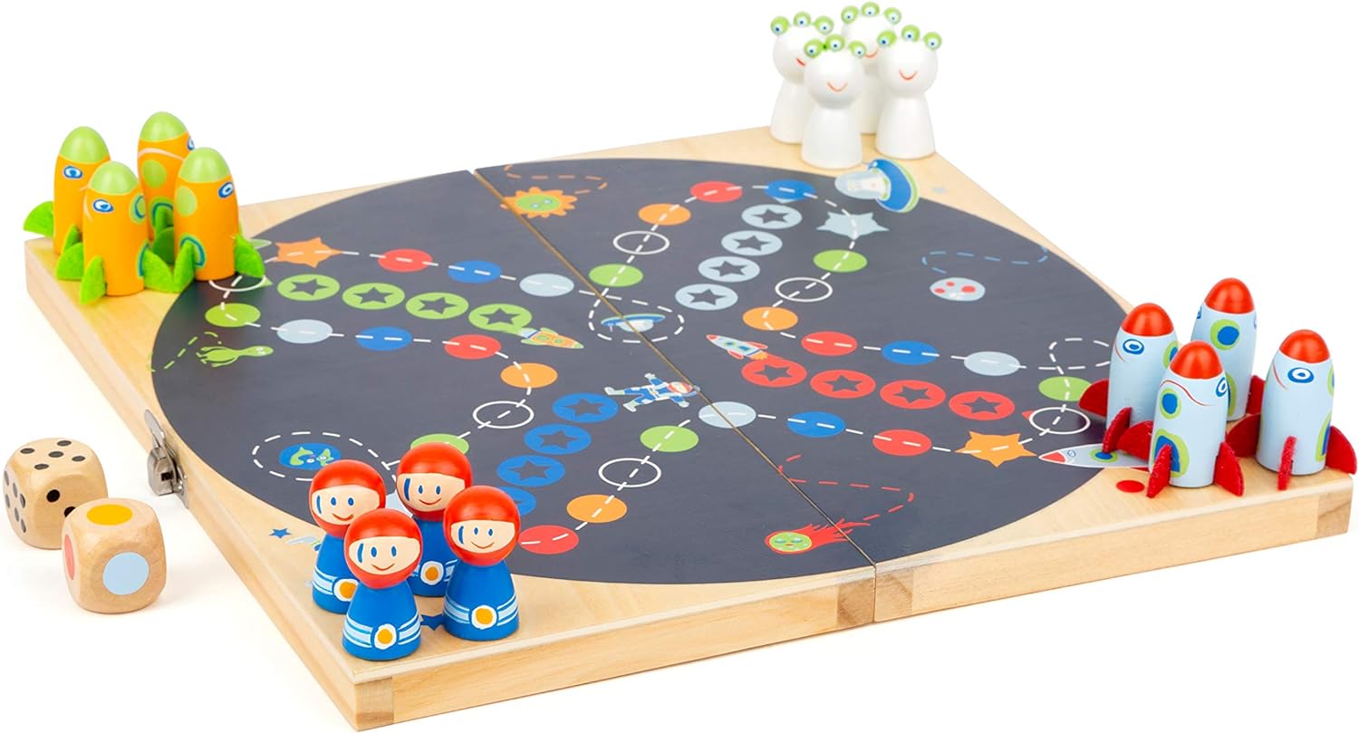 Small Foot 11452 Ludo Space, made of wood, board go, with two different dice, family game Toys, Multicolored