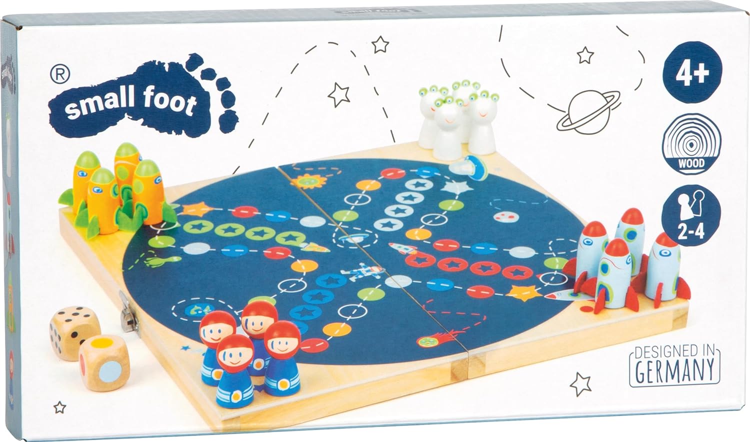 Small Foot 11452 Ludo Space, made of wood, board go, with two different dice, family game Toys, Multicolored