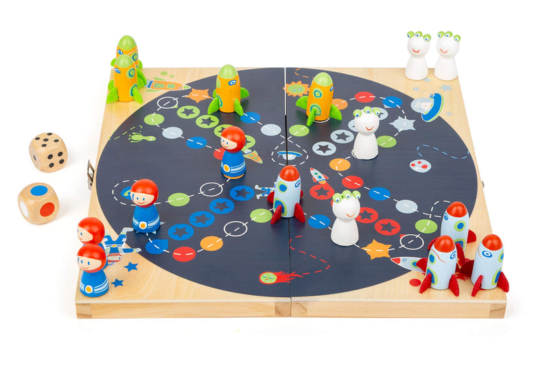 Small Foot 11452 Ludo Space, made of wood, board go, with two different dice, family game Toys, Multicolored