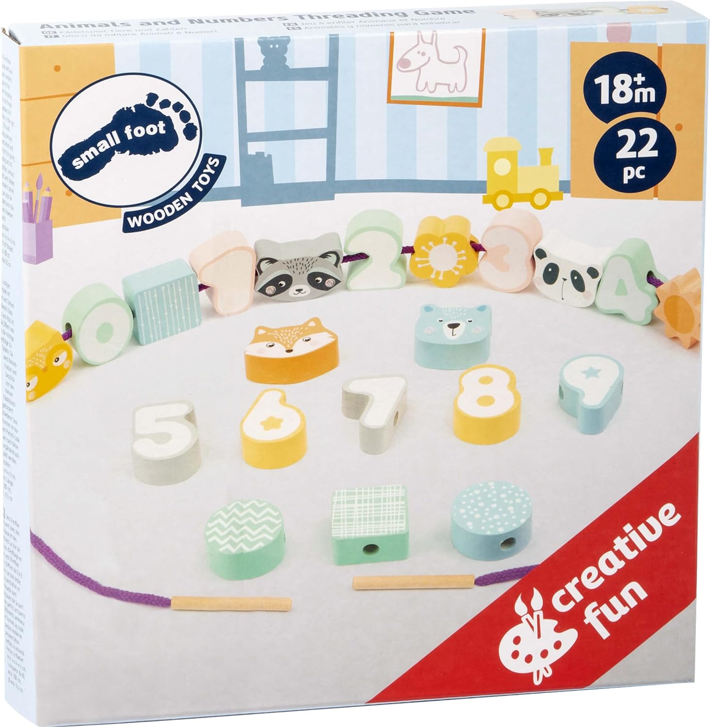 Small Foot 11475 Animals and Numbers Threading Game, made of wood, concentration practice in a pastel look Toys, Multicolored