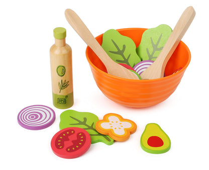 Small Foot 11476 Wooden Set, Children's Vegetarian Play Kitchen Accessory, incl. Bowl, Salad Utensils and Dressing Toys, Multicolored