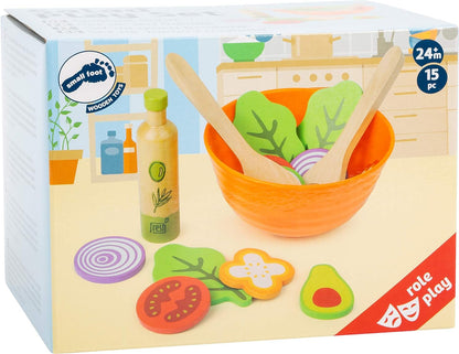 Small Foot 11476 Wooden Set, Children's Vegetarian Play Kitchen Accessory, incl. Bowl, Salad Utensils and Dressing Toys, Multicolored