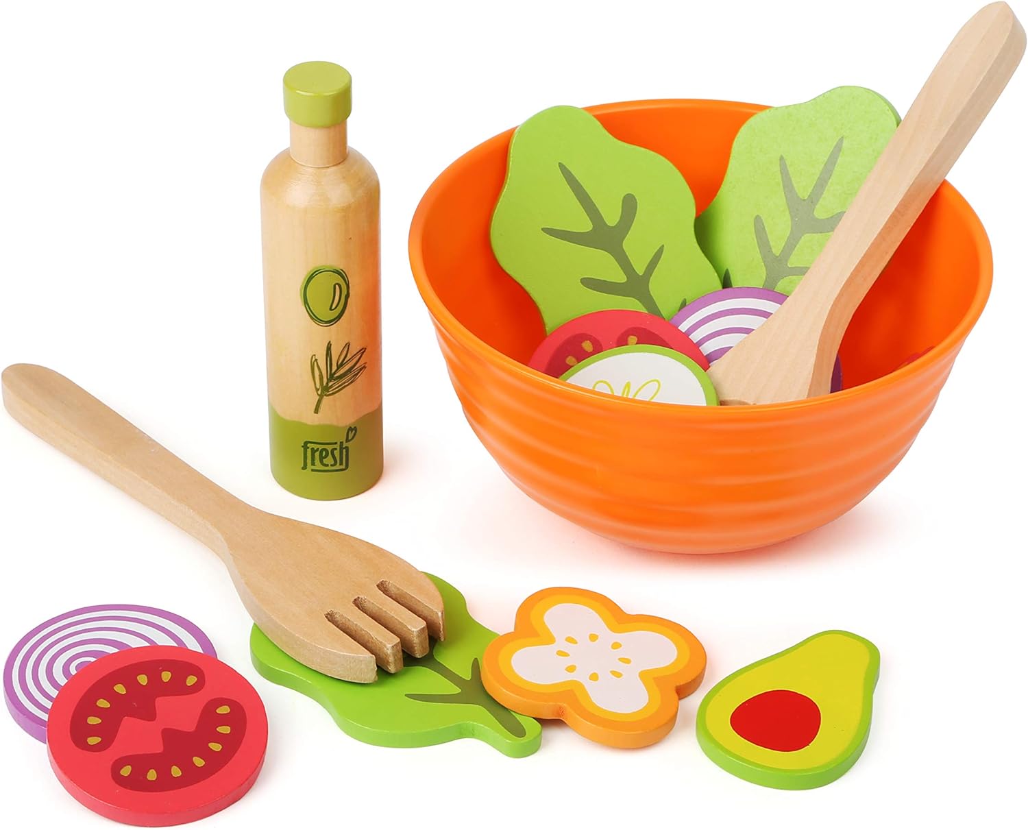 Small Foot 11476 Wooden Set, Children's Vegetarian Play Kitchen Accessory, incl. Bowl, Salad Utensils and Dressing Toys, Multicolored