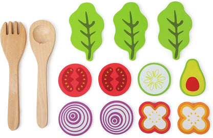 Small Foot 11476 Wooden Set, Children's Vegetarian Play Kitchen Accessory, incl. Bowl, Salad Utensils and Dressing Toys, Multicolored