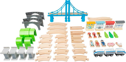 Small Foot 11492 Wooden Toy Train Building, Made of Wood, with Suspension Bridge and Tunnels, a Play World on Two Levels, Multicolored