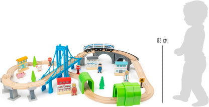 Small Foot 11492 Wooden Toy Train Building, Made of Wood, with Suspension Bridge and Tunnels, a Play World on Two Levels, Multicolored