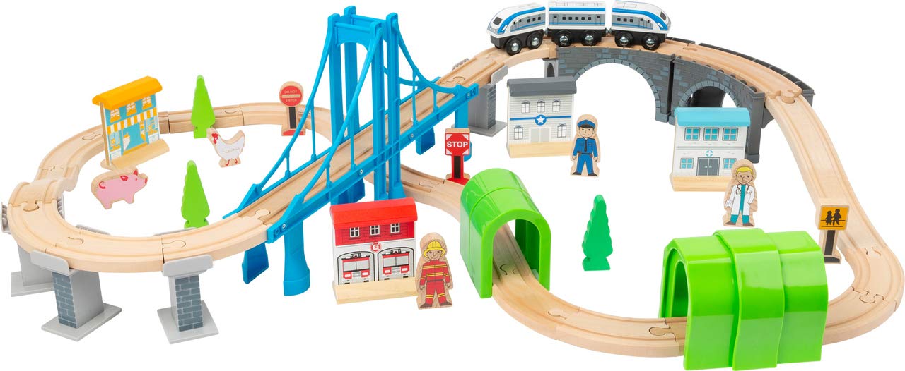 Small Foot 11492 Wooden Toy Train Building, Made of Wood, with Suspension Bridge and Tunnels, a Play World on Two Levels, Multicolored