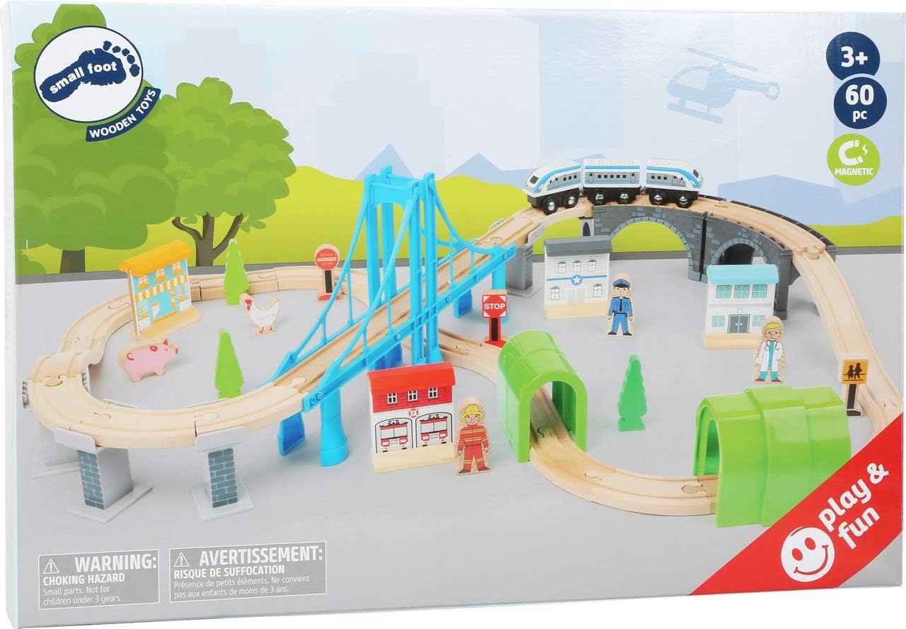 Small Foot 11492 Wooden Toy Train Building, Made of Wood, with Suspension Bridge and Tunnels, a Play World on Two Levels, Multicolored
