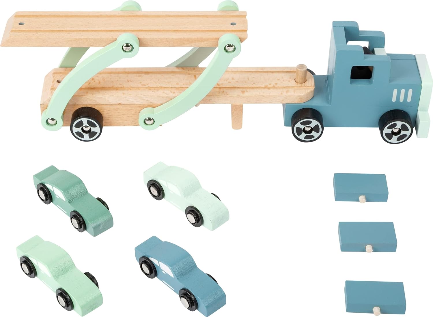 Small Foot Autotransporter Chicago aus Holz, mit beweglicher Laderampe, abnehmbarem Anhänger und 4 Autos, 11510 trucks Toys, Multicoloured