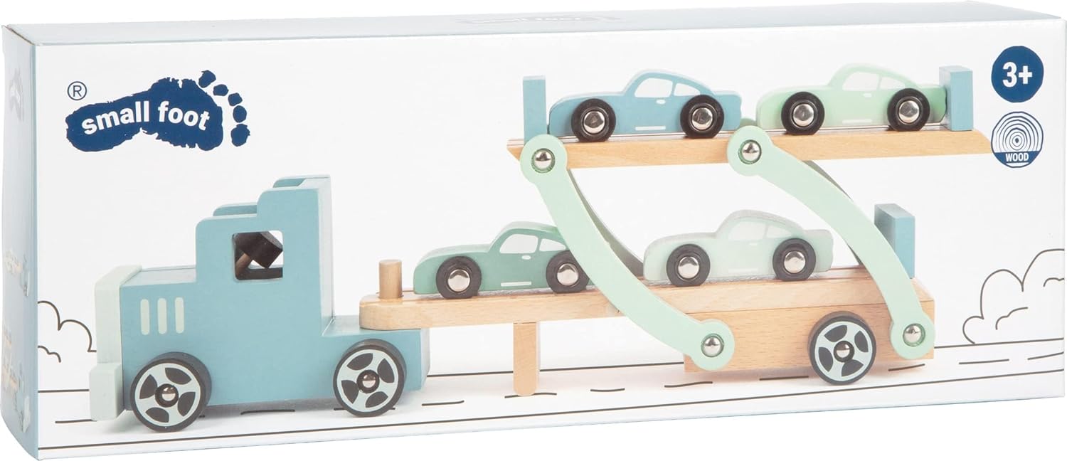 Small Foot Autotransporter Chicago aus Holz, mit beweglicher Laderampe, abnehmbarem Anhänger und 4 Autos, 11510 trucks Toys, Multicoloured