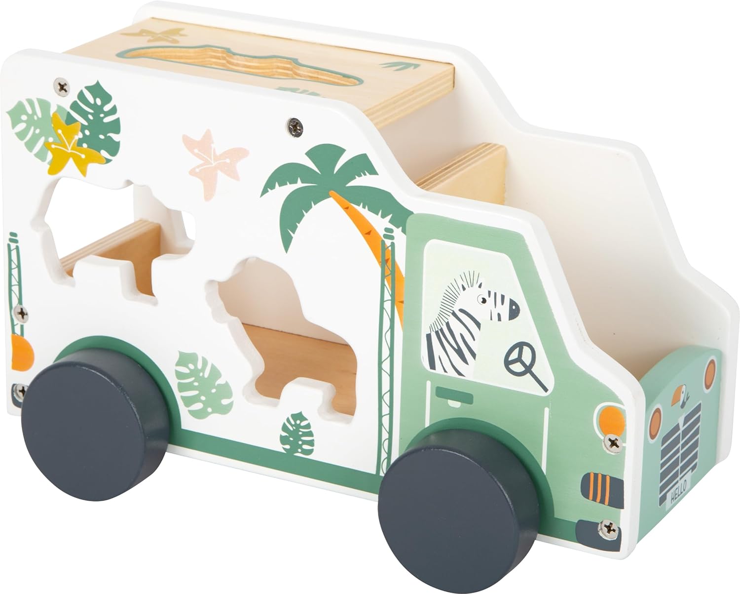 Small Foot Wooden Plug Safari Car Motor Skills Toy Made of Wood with Figures from 18 Months Item No. 11700, Multicoloured