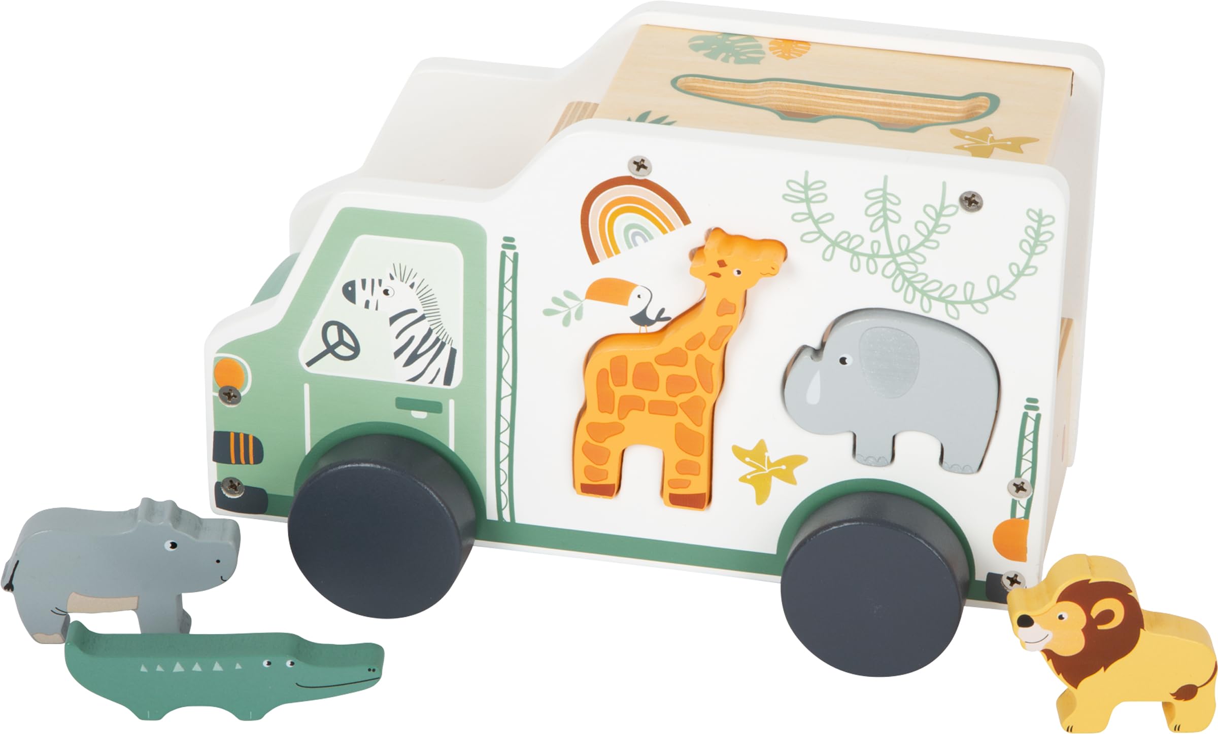 Small Foot Wooden Plug Safari Car Motor Skills Toy Made of Wood with Figures from 18 Months Item No. 11700, Multicoloured