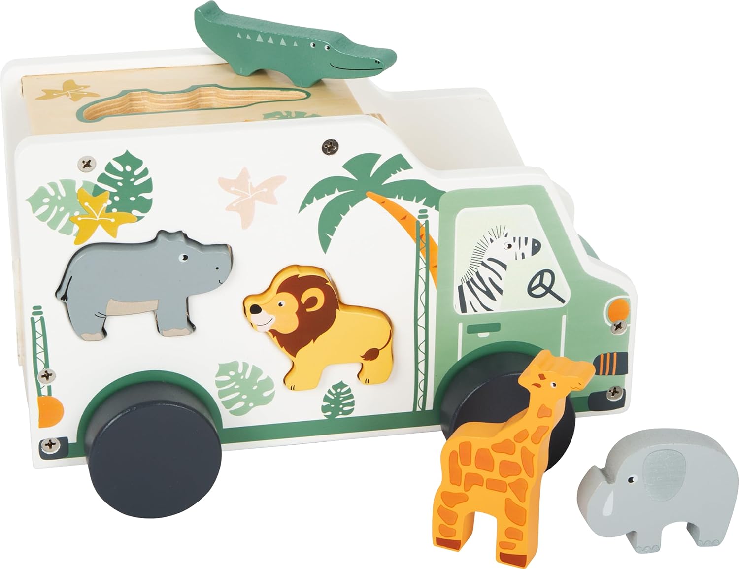 Small Foot Wooden Plug Safari Car Motor Skills Toy Made of Wood with Figures from 18 Months Item No. 11700, Multicoloured