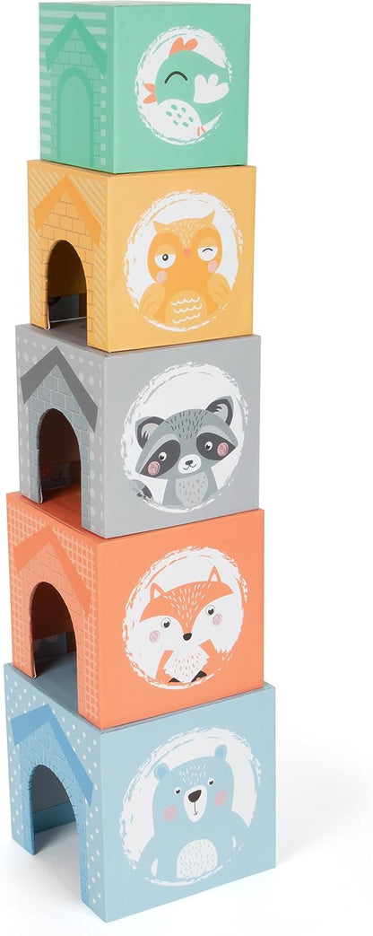 Small Foot Pastel Cardboard Cube with Wooden Animal Figures, Stacking Tower for Toddlers from 12 Months, 11721 Toys