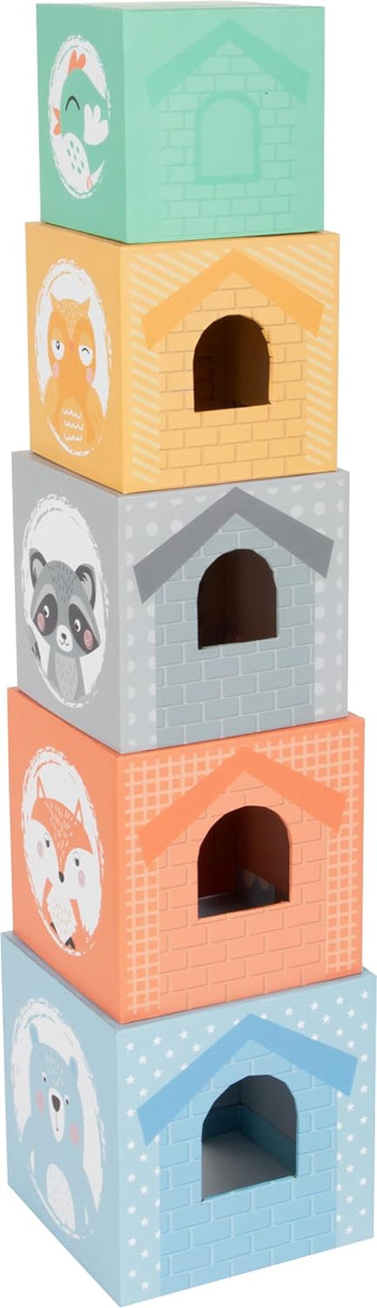 Small Foot Pastel Cardboard Cube with Wooden Animal Figures, Stacking Tower for Toddlers from 12 Months, 11721 Toys
