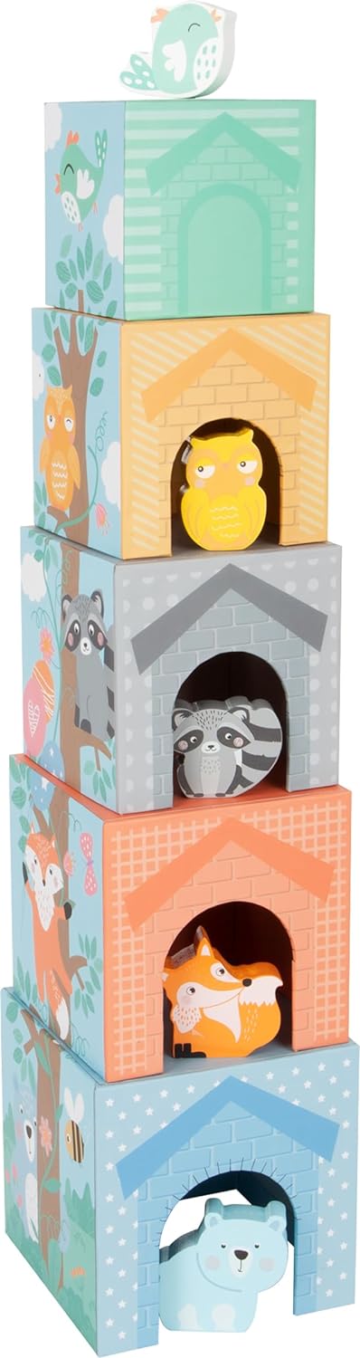Small Foot Pastel Cardboard Cube with Wooden Animal Figures, Stacking Tower for Toddlers from 12 Months, 11721 Toys