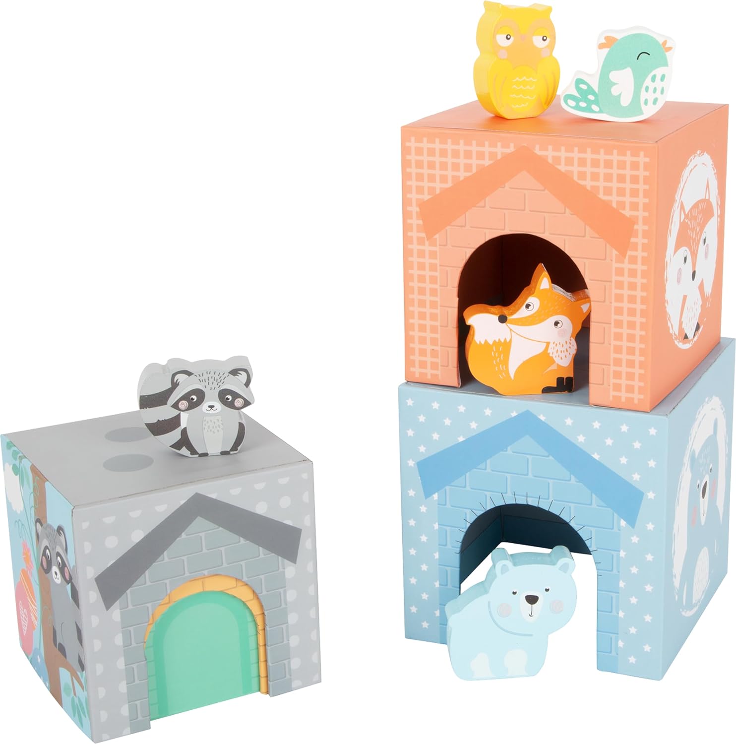 Small Foot Pastel Cardboard Cube with Wooden Animal Figures, Stacking Tower for Toddlers from 12 Months, 11721 Toys