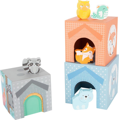 Small Foot Pastel Cardboard Cube with Wooden Animal Figures, Stacking Tower for Toddlers from 12 Months, 11721 Toys