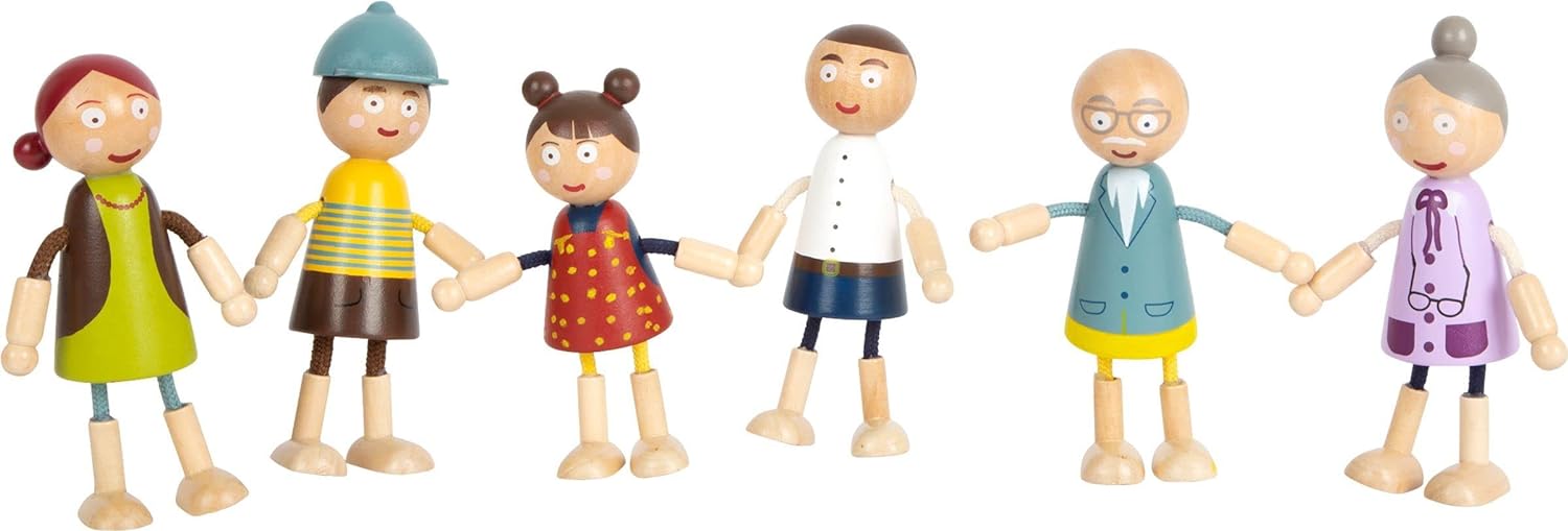 Small Foot Wooden Bending Family 6 Dolls Detailed Flexible and Durable from 3 Years 11804 Toys, Natural bending dolls family