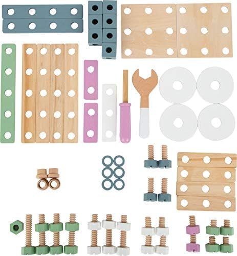 small foot 11875 Wooden Construction Nordic, creative building set w/tools and accessories, for kids aged 3+ years Toys, Blue Mint Pastel