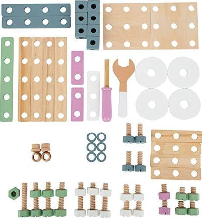 small foot 11875 Wooden Construction Nordic, creative building set w/tools and accessories, for kids aged 3+ years Toys, Blue Mint Pastel