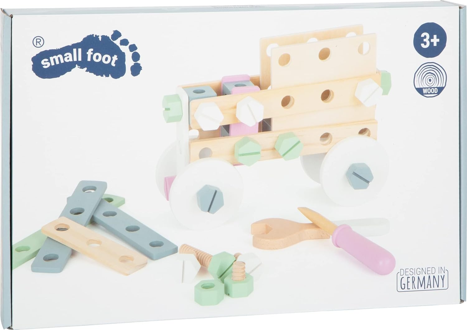 small foot 11875 Wooden Construction Nordic, creative building set w/tools and accessories, for kids aged 3+ years Toys, Blue Mint Pastel