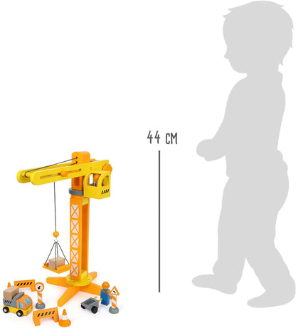NIKE Baukran Small Foot Crane with Wooden Construction site Accessories, Play Set for Children Aged 3+, 12007, Multicoloured