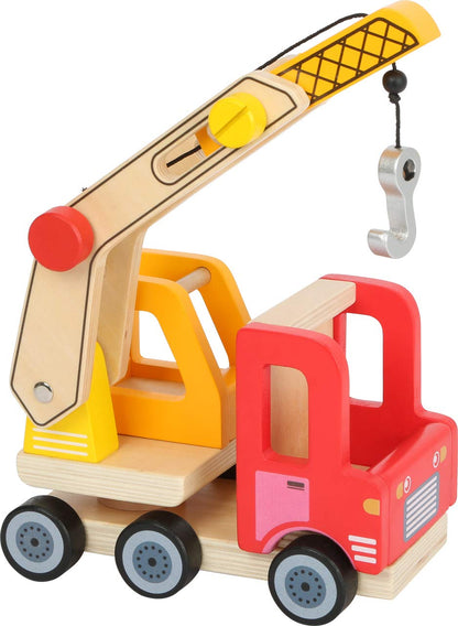 Small Foot 12008 Kranwagen aus Holz, vielen Funktionen, 360 Grad drehbar, Greifhaken mit Kurbelfunktion, herausfahrbarer Ausleger Toy, Multicoloured Crane truck.