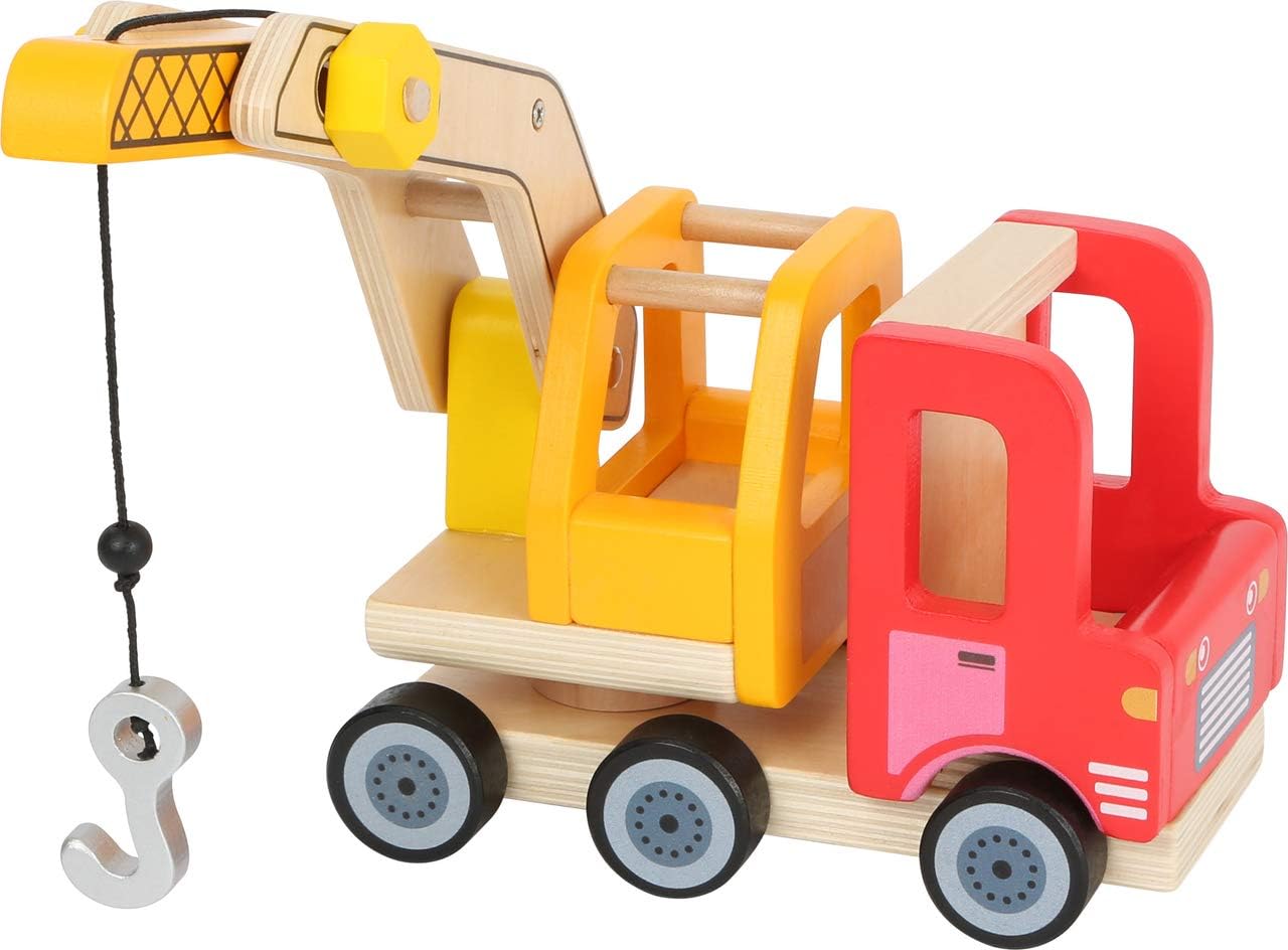 Small Foot 12008 Kranwagen aus Holz, vielen Funktionen, 360 Grad drehbar, Greifhaken mit Kurbelfunktion, herausfahrbarer Ausleger Toy, Multicoloured Crane truck.