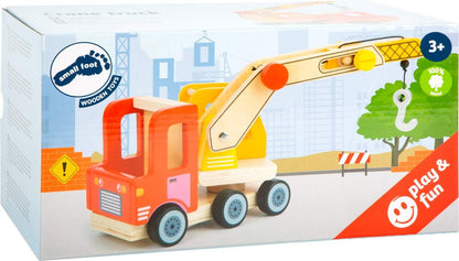Small Foot 12008 Kranwagen aus Holz, vielen Funktionen, 360 Grad drehbar, Greifhaken mit Kurbelfunktion, herausfahrbarer Ausleger Toy, Multicoloured Crane truck.
