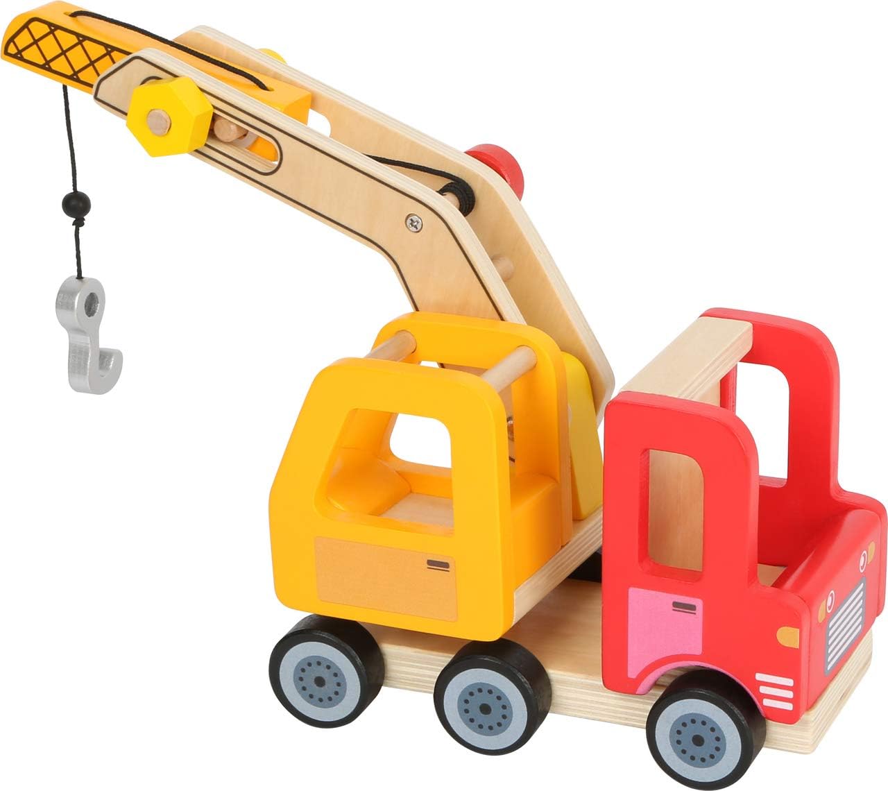 Small Foot 12008 Kranwagen aus Holz, vielen Funktionen, 360 Grad drehbar, Greifhaken mit Kurbelfunktion, herausfahrbarer Ausleger Toy, Multicoloured Crane truck.