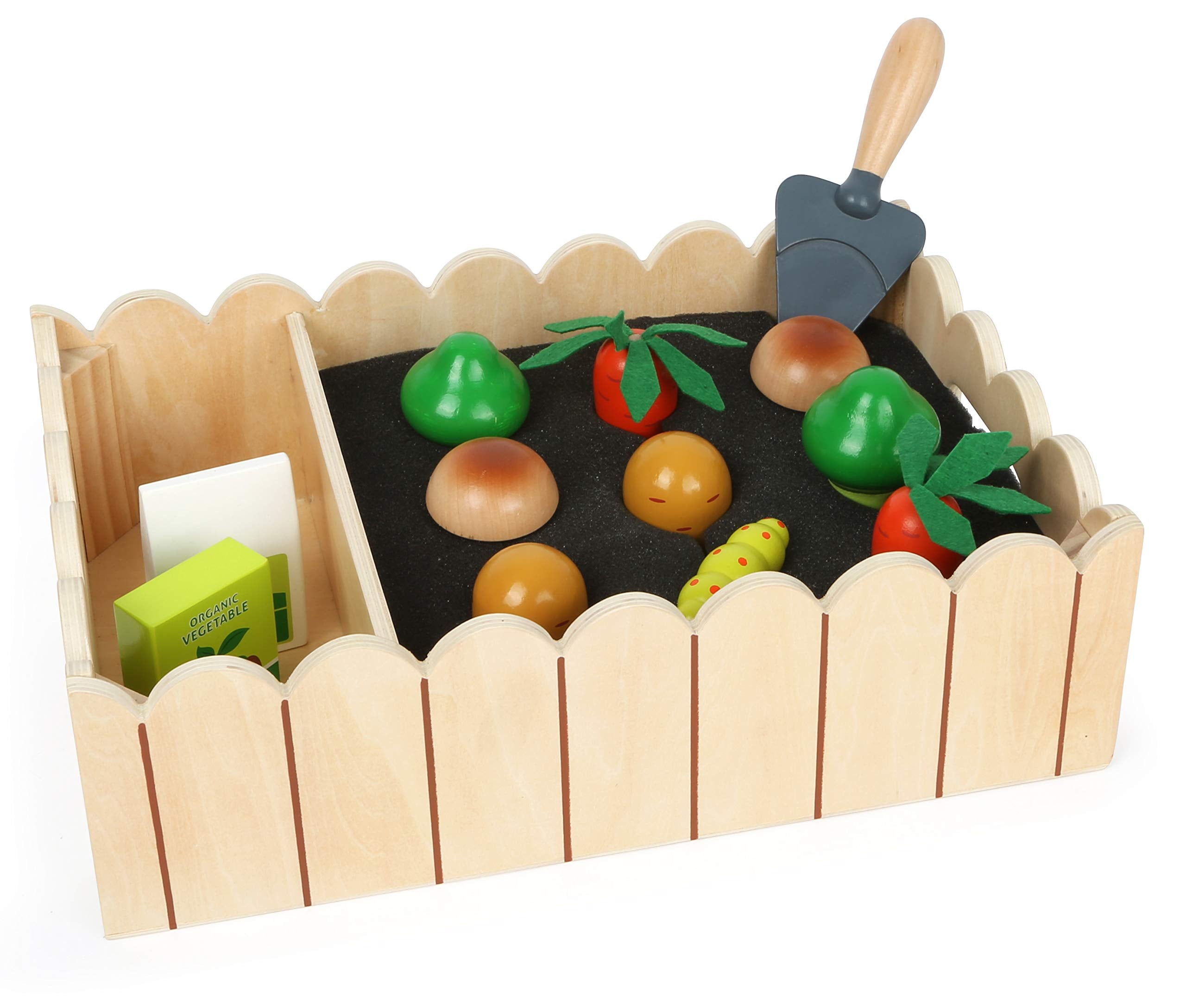 Small Foot 12011 Wooden Vegetable Garden with Carrots, Mushrooms, Potatoes, Broccoli, Seeds and Scoop from 3 Years, Multicoloured