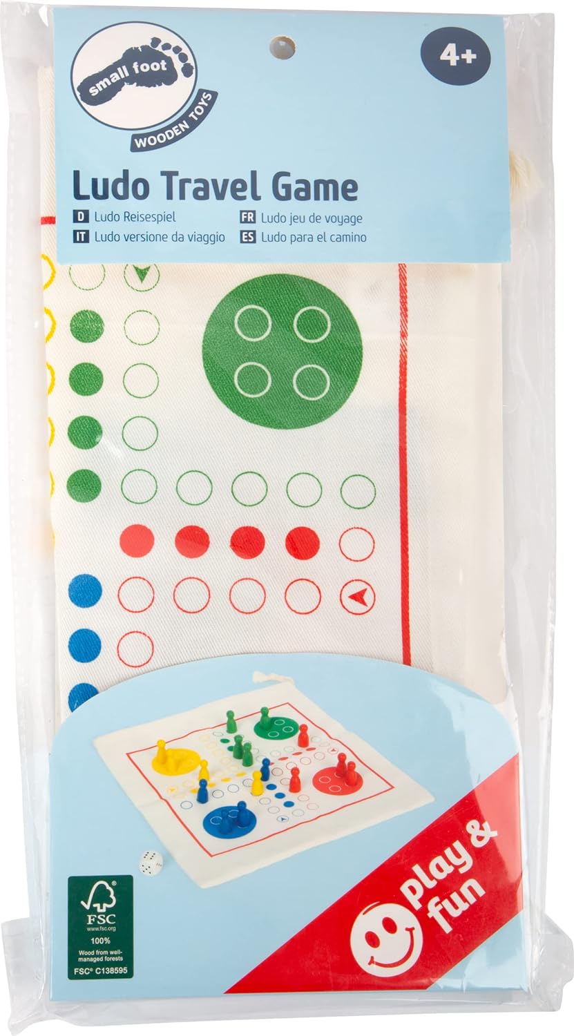 Small Foot Ludo Wood, FSC 100% Certified, Board Game for Travel, in Practical Bag, from 3 Years, 12022 Toy, Multicoloured