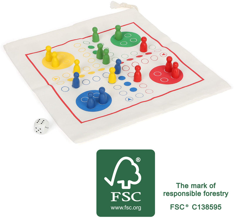 Small Foot Ludo Wood, FSC 100% Certified, Board Game for Travel, in Practical Bag, from 3 Years, 12022 Toy, Multicoloured