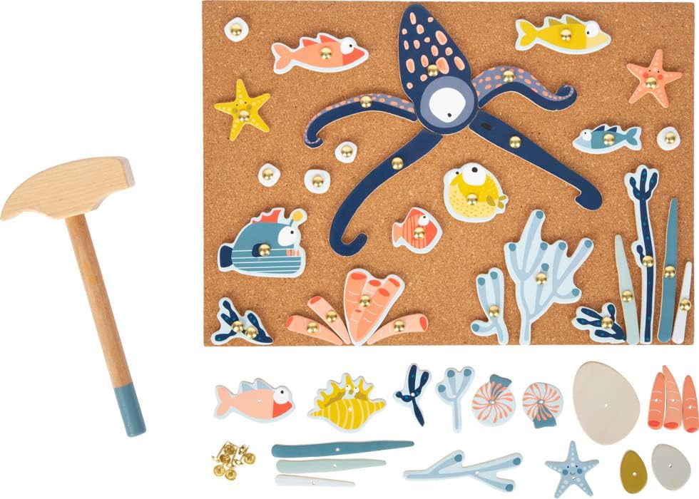 Small Foot Sea Life Hammer Game, Wood, with Large Selection of Motif Elements, incl. Cork Board, Prod. No. 12263 Animals Toys, Multicolored Hammering game Sealife