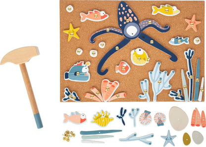 Small Foot Sea Life Hammer Game, Wood, with Large Selection of Motif Elements, incl. Cork Board, Prod. No. 12263 Animals Toys, Multicolored Hammering game Sealife