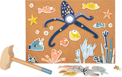 Small Foot Sea Life Hammer Game, Wood, with Large Selection of Motif Elements, incl. Cork Board, Prod. No. 12263 Animals Toys, Multicolored Hammering game Sealife